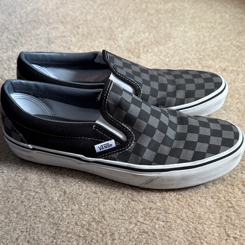 Vans Men's Gray and Black Checkered Slip-On Sneakers